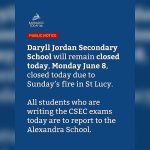 Daryll Jordan Secondary School Closed Following Sunday Fire Incident