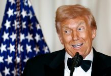 US President Donald Trump speaking at the White House Correspondents’ Association dinner.
