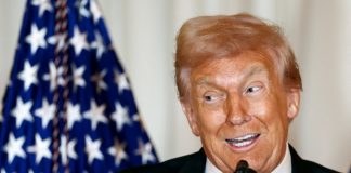 US President Donald Trump speaking at the White House Correspondents’ Association dinner.