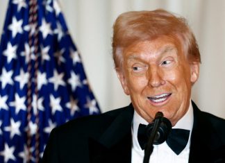 US President Donald Trump speaking at the White House Correspondents’ Association dinner.