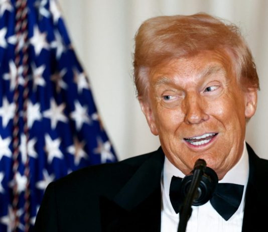 US President Donald Trump speaking at the White House Correspondents’ Association dinner.