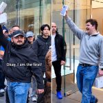 Crowd cheers as excited iPhone buyer celebrates supposed worldwide first.