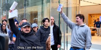 Crowd cheers as excited iPhone buyer celebrates supposed worldwide first.