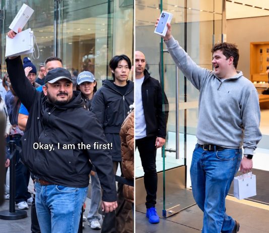 Crowd cheers as excited iPhone buyer celebrates supposed worldwide first.