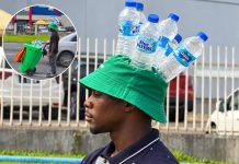 Piarco Water Vendor Gets Attention With Creative Bottle Hat